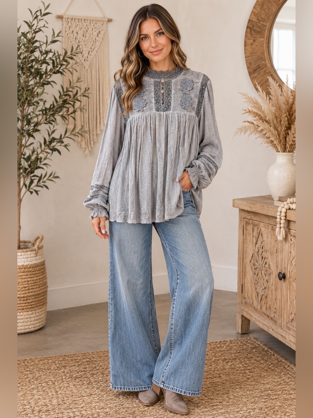 POL Gray Embroidered Boho Tunic Top